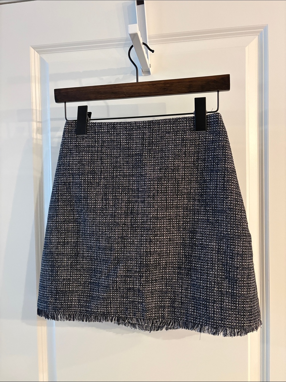 Express Navy Tweed Mini Skirt with Fringe Hem